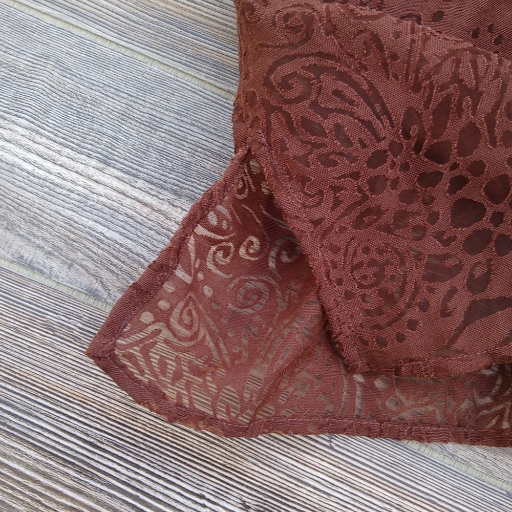 Brown Patterned Semi Sheer Button Down Front Blou… - image 6